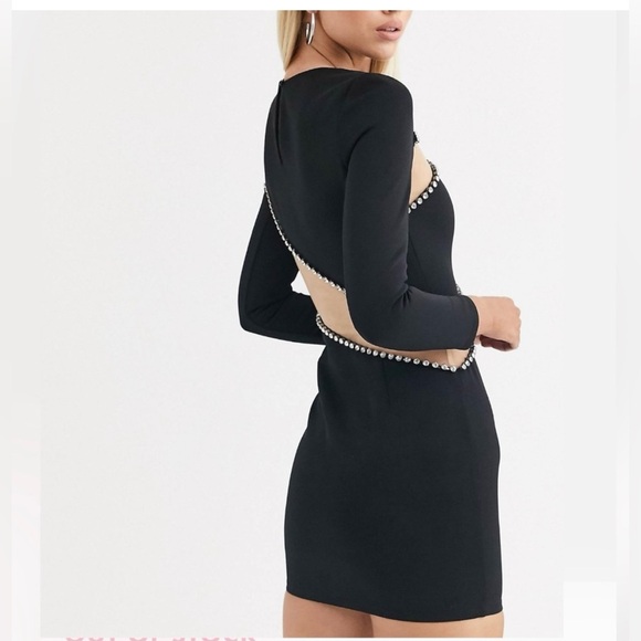ASOS Design Black Long Sleeve Mesh and Rhinestone Bodycon dress - Picture 2 of 11